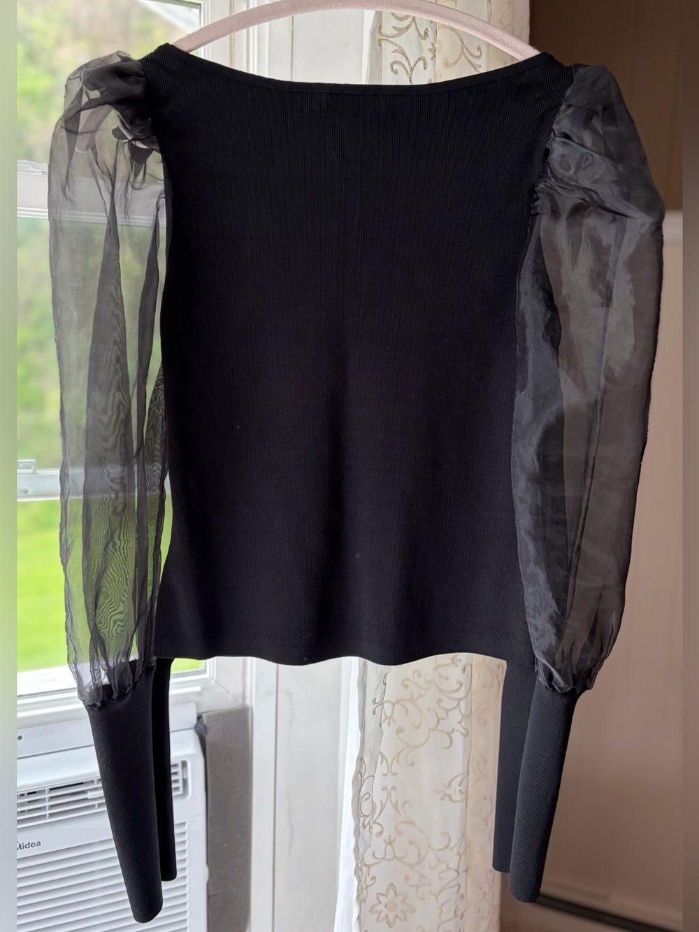 Alice + Olivia Abella Sweater Sheer Puff Sleeves Designer Party Luxury Sz L
